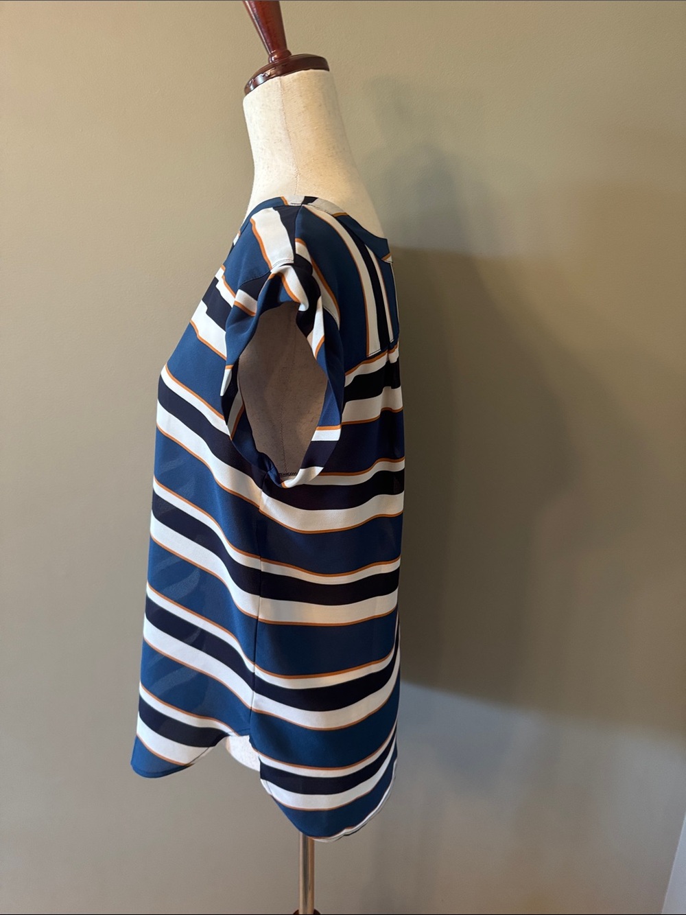 Ann Taylor Factory Navy, White and Gold Striped Cap-Sleeve Blouse - Picture 4 of 8
